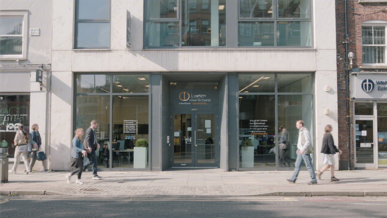 Exterior street view in Limerick with a modern office entrance, small business signage, and people walking past on a calm weekday morning