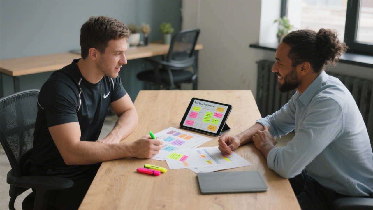 Trainer sitting across a table from a business owner, reviewing a printed marketing plan with highlighters and a tablet showing campaign notes in a friendly meeting