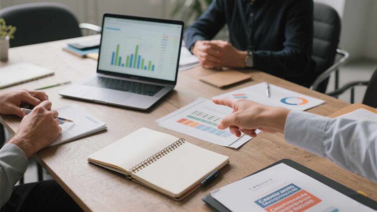 Close view of a consultation table with notebooks, a laptop showing analytics, and a person pointing at a campaign report during a marketing discussion