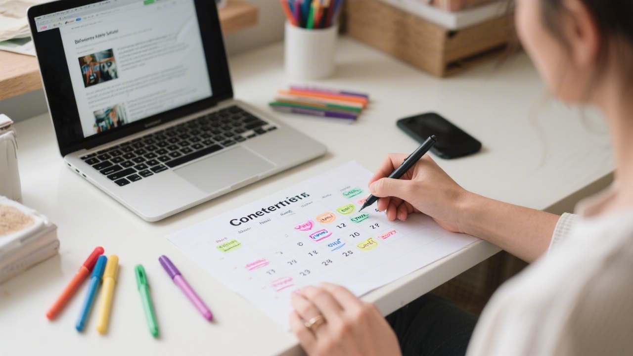 Person outlining a content calendar on a printed sheet with colored pens, a laptop nearby showing a blog draft, and a tidy workspace focused on planning