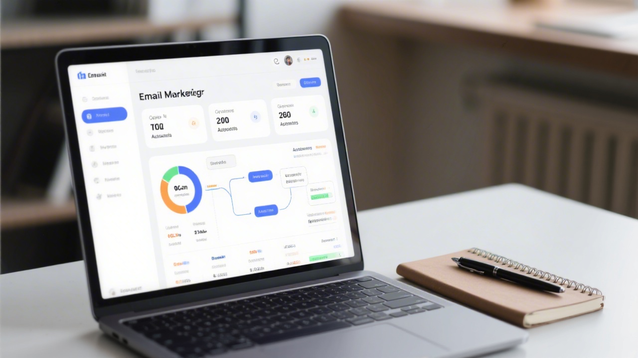 Close-up of an email marketing dashboard on a laptop screen with open rates and automation flow diagrams, next to a notebook and pen on a tidy desk