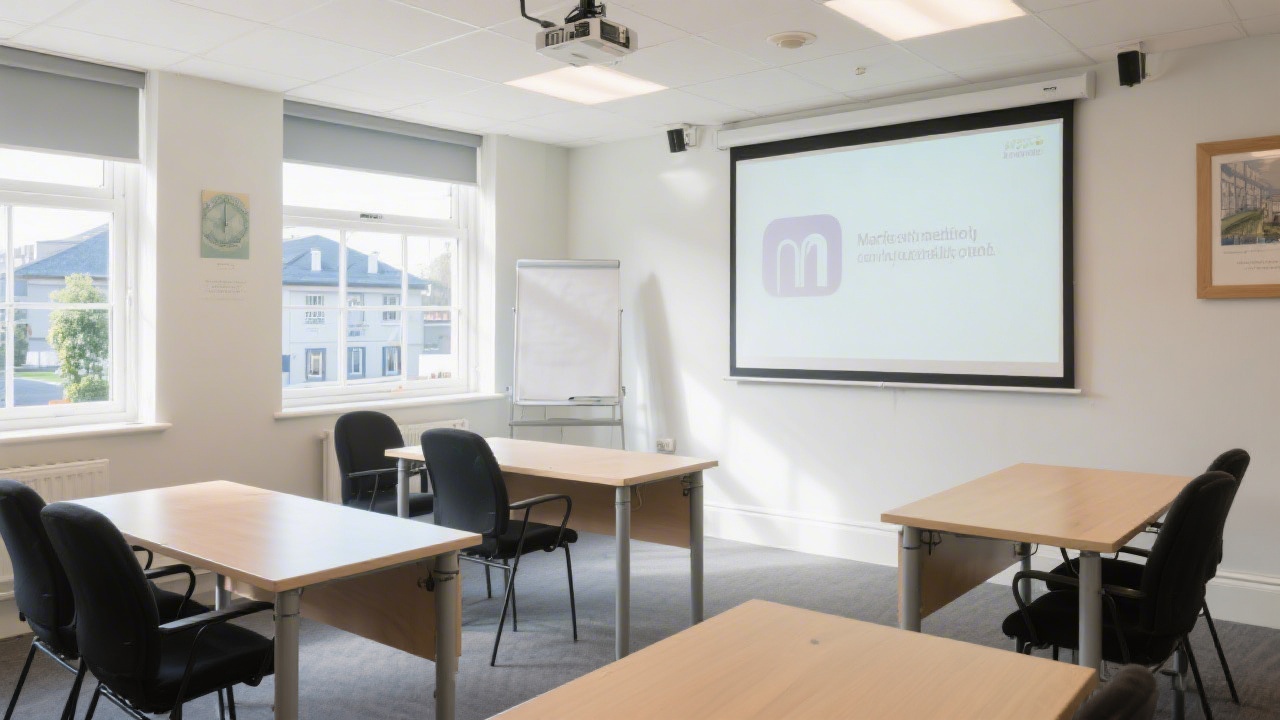 Interior view of a bright meeting space with natural light, simple desks, and a projector screen ready for a marketing presentation in a local Limerick venue