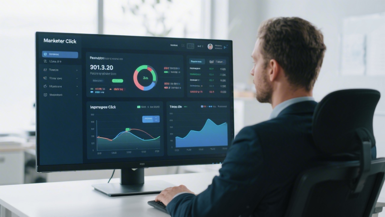 Marketing professional reviewing a pay per click campaign dashboard on a large monitor, with charts showing impressions and click data in a clean office setting